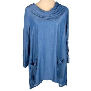 Ali Miles Chambray Tunic Cowl Neck Roll Tab Sleeve Casual Lagenlook Medium